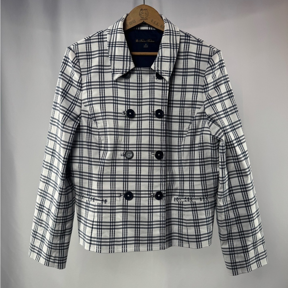 Brooks Brothers Navy and White Plaid Double-Breasted Pea Coat